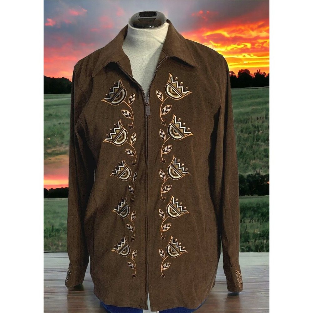 Bob Mackie Wearable Art Jacket Aztec Flowers Womens Size Small Brown Floral